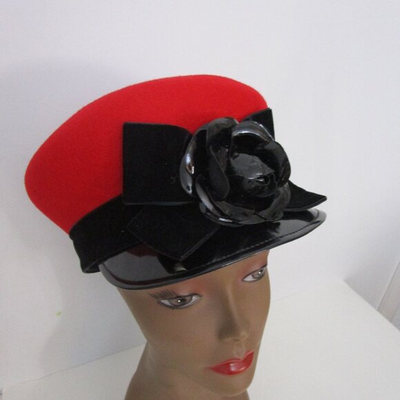 Mushroom Red Wool Visor Brim Cap Hat Patent Leather Brim Flower - Picture 8 of 14